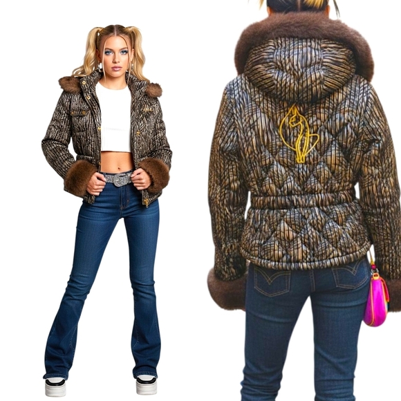 Baby Phat Faux Fur Quilted Puffer Coat Y2K Gold Brown Blue M - Picture 1 of 6